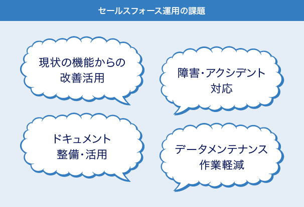 セールスフォース運用の課題：現状の機能からの改善活用/障害・アクシデント対応/ドキュメント整備・活用/データメンテナンス作業軽減