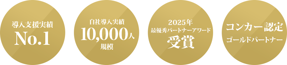 導⼊⽀援実績No.1。⾃社導⼊実績10,000⼈規模。最優秀パートナーアワード2年連続受賞