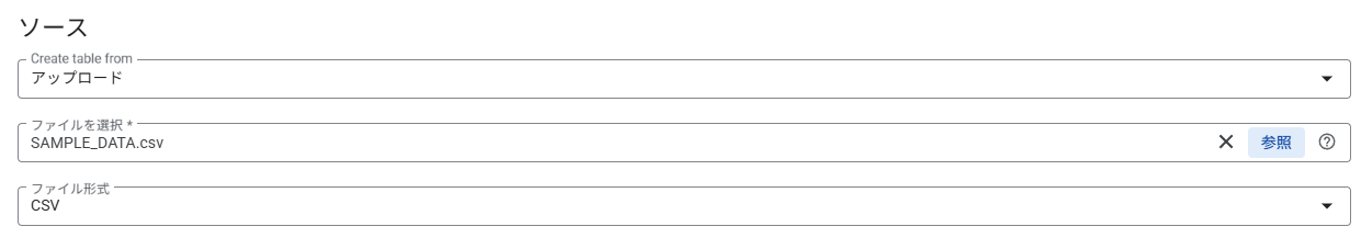 テーブル作成時のデータソース選択画面