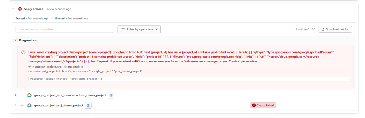 Terraform ApplyでプロジェクトIDの禁止ワードエラーが発生した画面