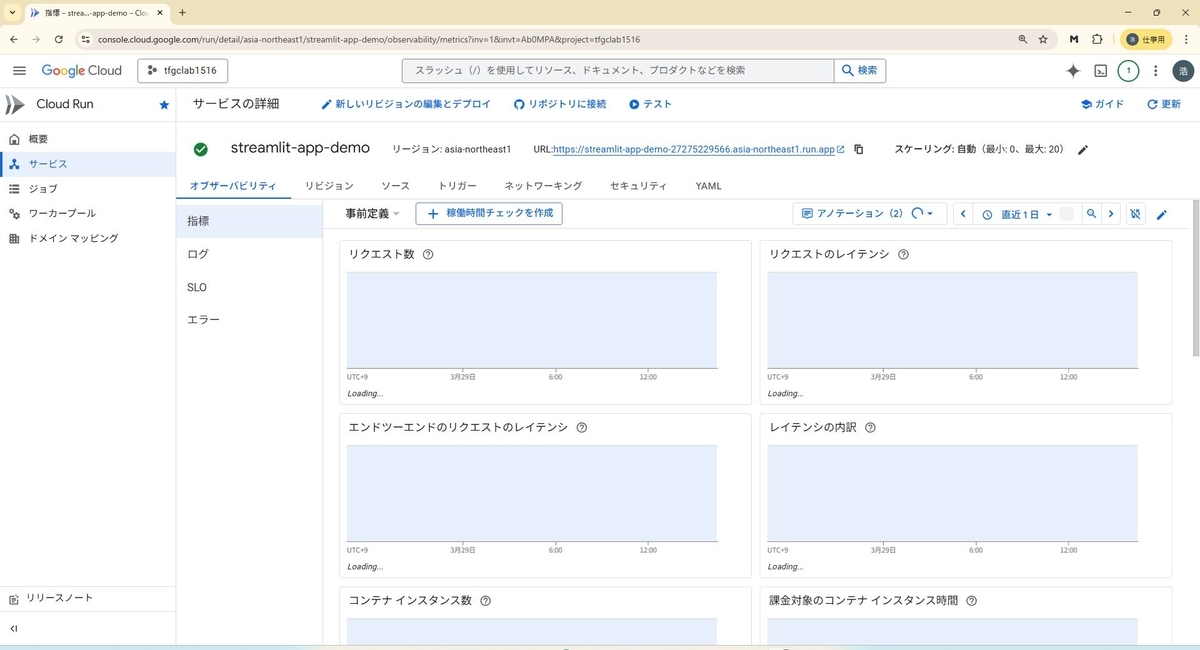 Cloud Runのサービス詳細画面（streamlit-app-demoのURLとメトリクス）