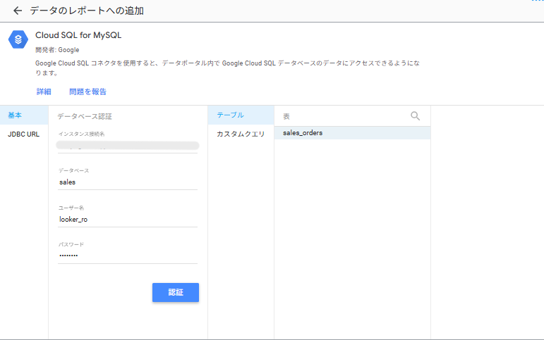 接続情報の入力画面