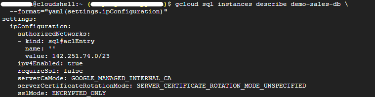 sslMode が ENCRYPTED_ONLY になっているインスタンスの設定