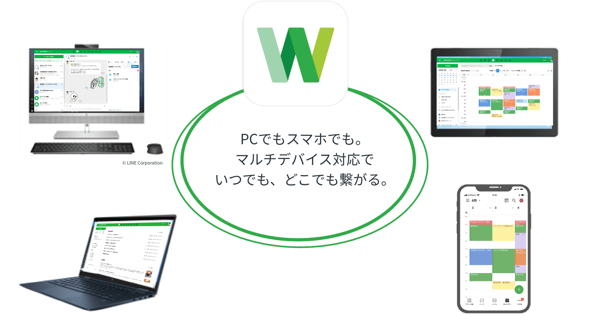 LINE WORKS|PCでもスマホでも。マルチデバイス対応でいつでも、どこでも繋がる。