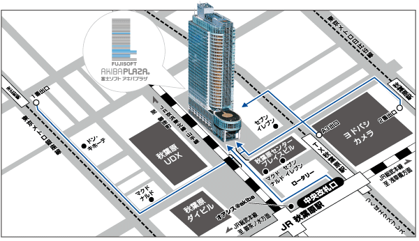 秋葉原駅から富士ソフトアキバプラザまでのアクセスマップ